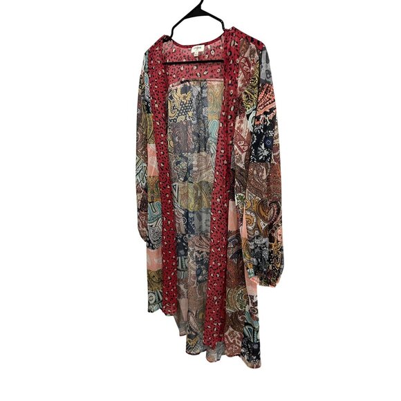 Umgee Womens Patchwork Sheer Open Front Kimono Cardigan With Leopard Print Trim - Picture 3 of 9